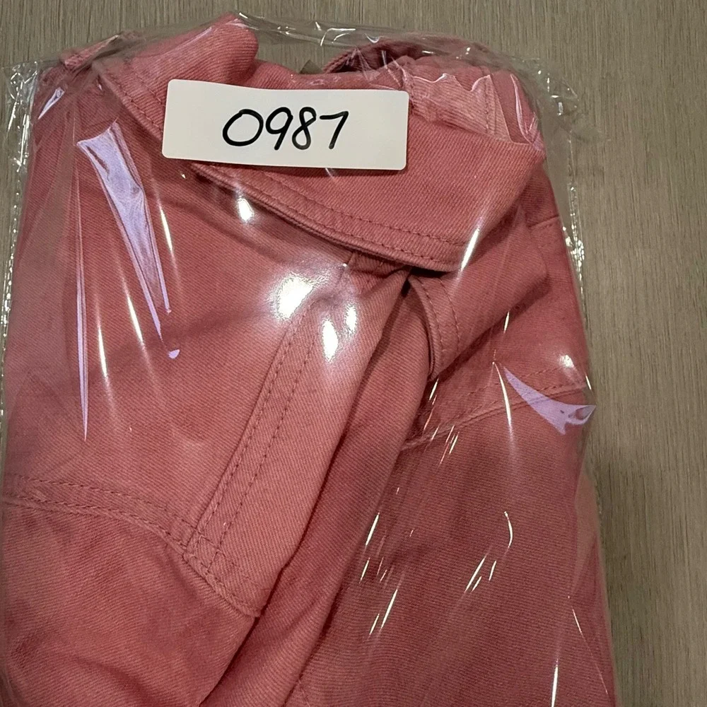 Chicos Women Pink Ruffle Hem Denim Style Jacket Size 2 Large Button Front Twill